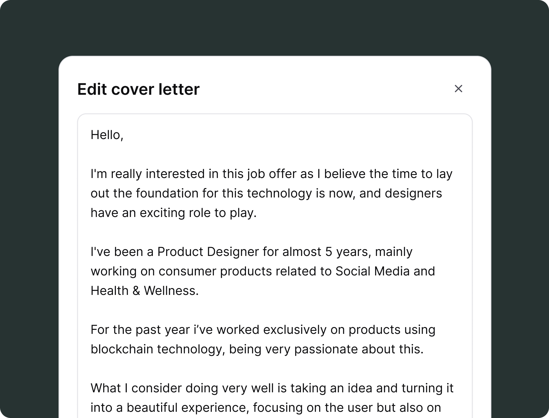 PostmarkOS cover letter editor