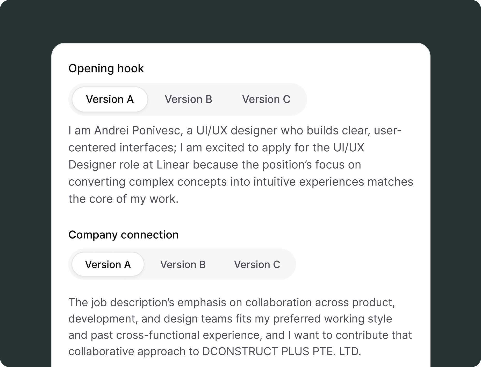 Personalized cover letter guidance